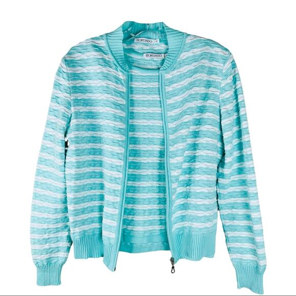 Vintage Sweaters - Vintage Borado green white striped Pima cotton zip cardigan tank set
